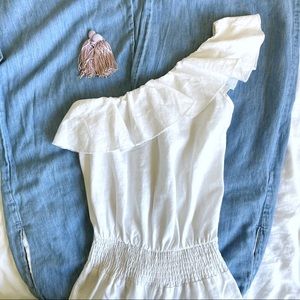 White Linen One Shoulder Ruffle Jumpsuit S